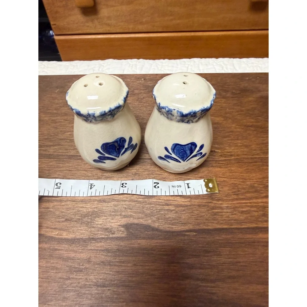 Vintage Blue Heart Ceramic Salt and Pepper Shakers Farmhouse Cream Crackle Glaze